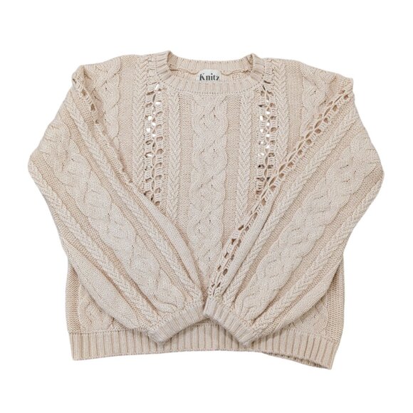 FOR LOVE & LEMONS KNITZ Wythe Bell Sleeve Sweater L Oversized Loose Weave Cream - Picture 3 of 14
